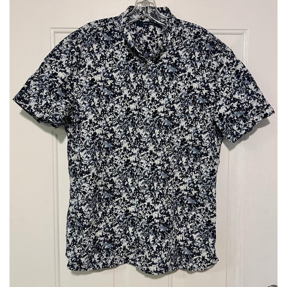 Perry Ellis Mens Size L Blue Abstract Splatter Short Sleeve Button Down Shirt L